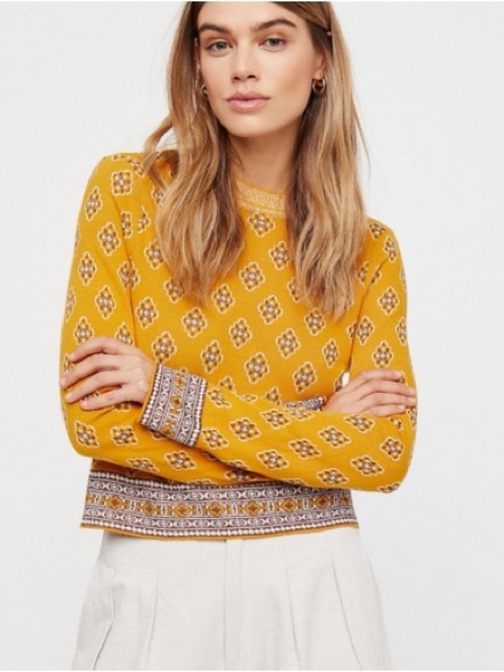 Free People Mustard Yellow Patterned Crew-Neck Sweater